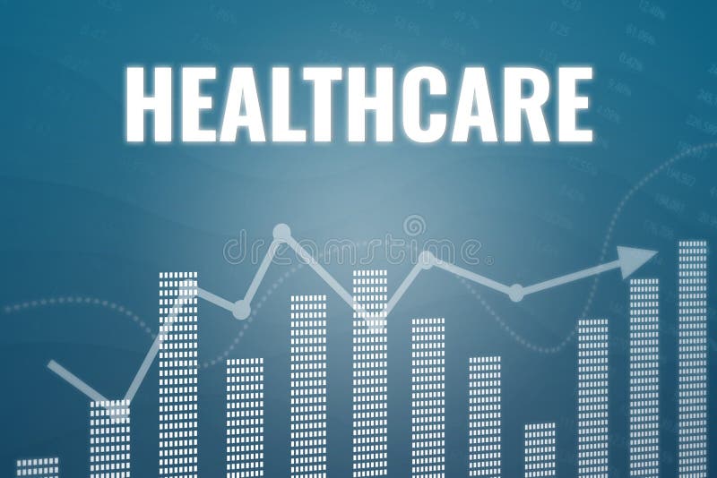 Financial market sector Healthcare on dark blue finance background from graphs, charts. Trend Up and Down. 3D render