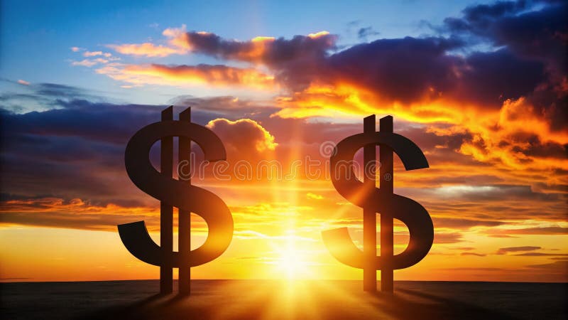 Financial Opportunity Meets Sunset Two Dollar Signs Silhouetted Against a Stunning Dusk Sky A Symbolic Representation vector illustration
