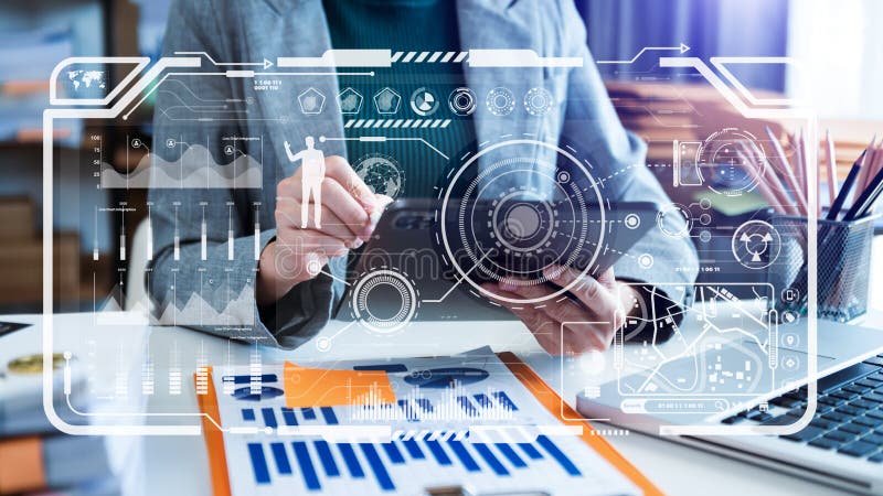 Financial report data of business operations balance sheet and income statement as Fintech concept. with VR i con stock photo