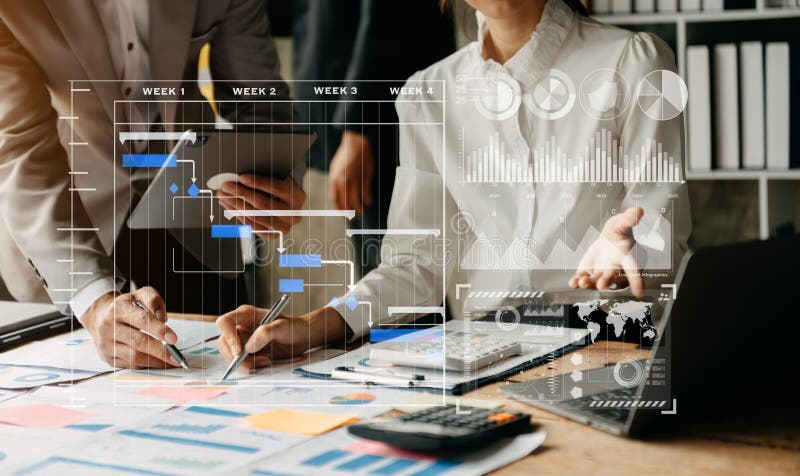 Financial report data of business operations balance sheet and income statement and diagram as Fintech concept. Business team stock images