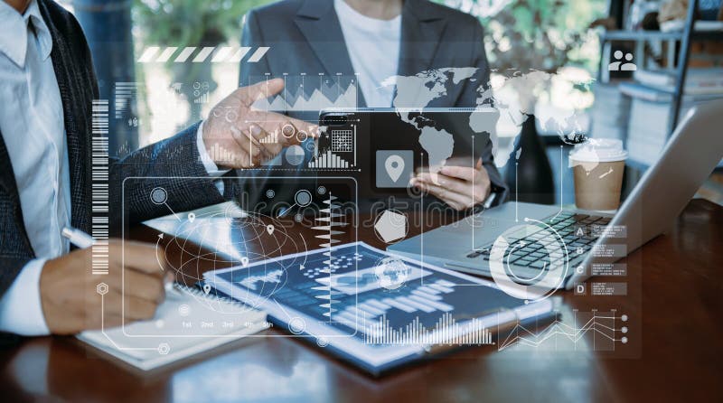 Financial report data of business operations balance sheet and income statement and diagram as Fintech concept. Business team stock photo