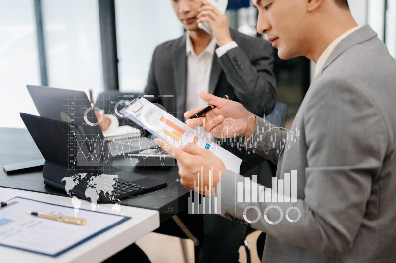 Financial report data of business operations balance sheet and income statement and diagram as Fintech concept. Business team stock photos