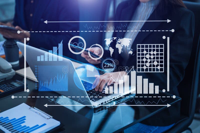 Financial report data of business operations balance sheet and income statement and diagram as Fintech concept. Business team royalty free illustration