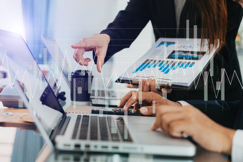 Financial report data of business operations balance sheet and income statement and diagram as Fintech concept. Business team stock photo