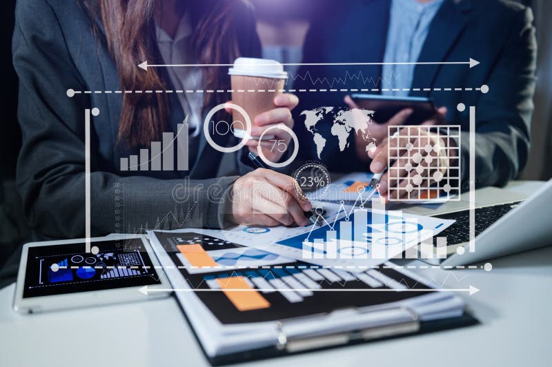 Financial report data of business operations balance sheet and income statement and diagram as Fintech concept. Business team royalty free stock images