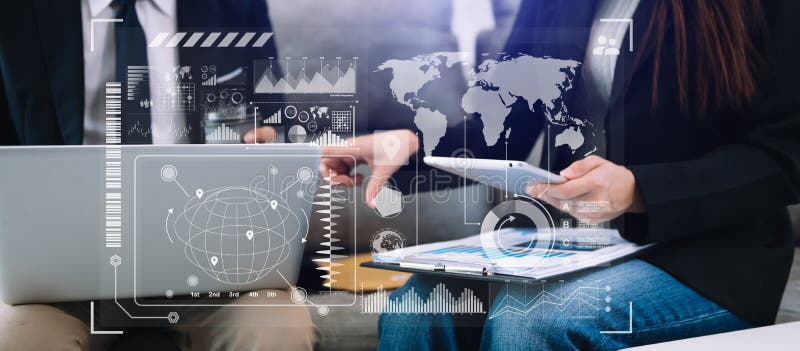 Financial report data of business operations balance sheet and income statement and diagram as Fintech concept. Business team meeting. digital tablet and laptop. at office