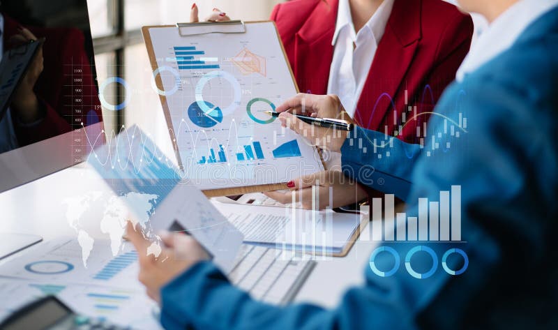 Financial report data of business operations balance sheet and income statement and diagram as Fintech concept. Business team stock image