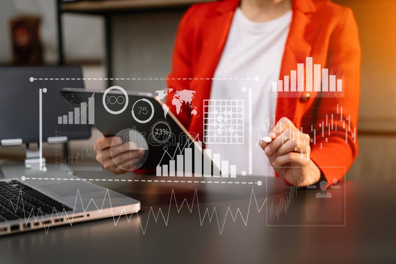 Financial report data of business operations balance sheet and income statement and diagram as Fintech concept. Business team royalty free stock images