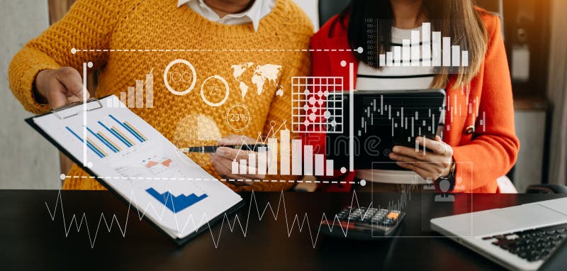 Financial report data of business operations balance sheet and income statement and diagram as Fintech concept. Business team stock photos