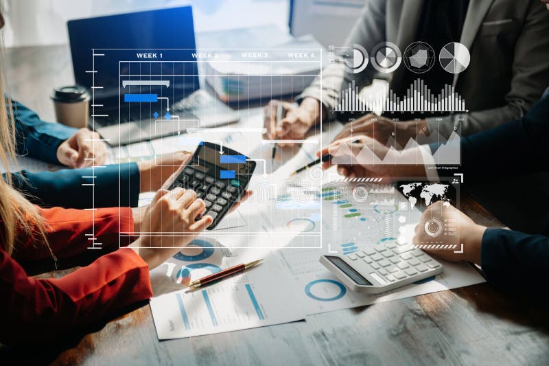 Financial report data of business operations balance sheet and income statement and diagram as Fintech concept. Business team stock images