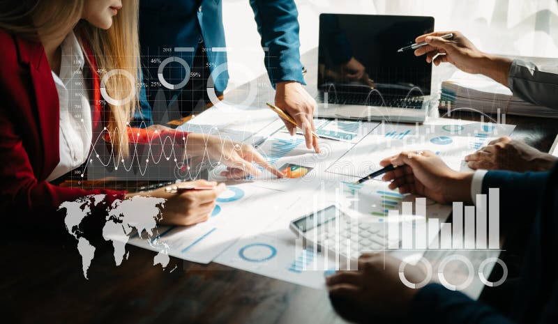 Financial report data of business operations balance sheet and income statement and diagram as Fintech concept. Business team stock photo