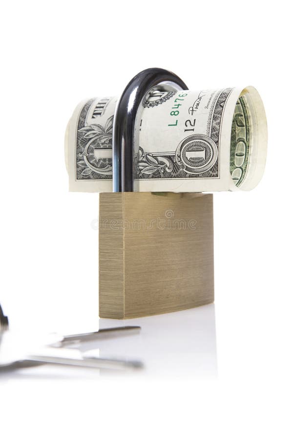 Roll of dollar bills in a padlock demonstrating financial security