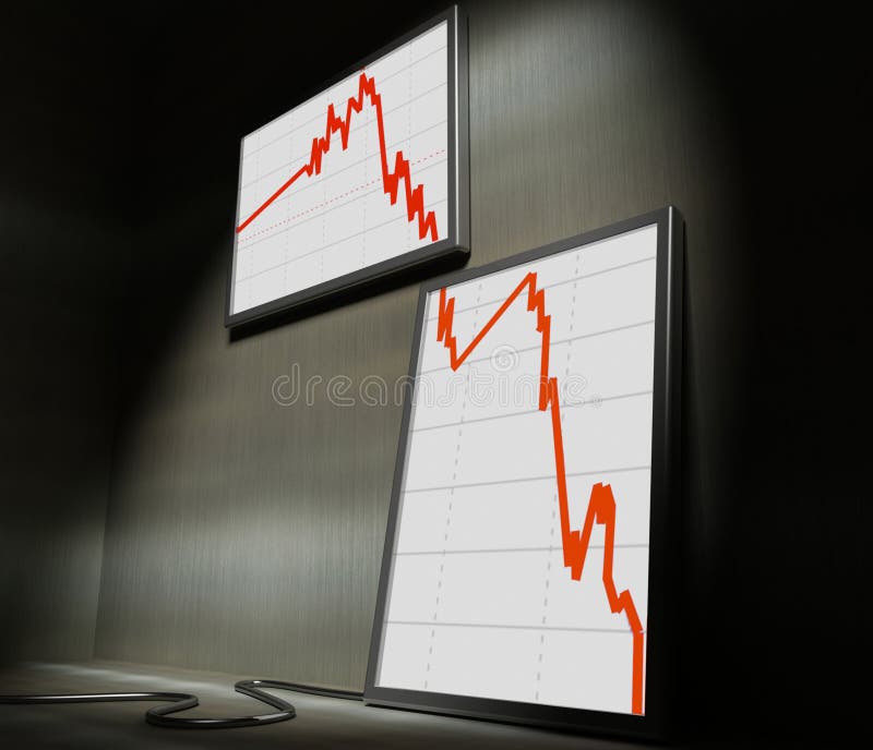 3d image of lcd on wall showing decrease financial stat. Decrease grow illustrations