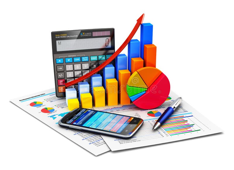 Creativo astratto business successo finanziario, fiscali e contabili, statistiche e di ricerca analitica sulle concetto ufficio calcolatore elettronico, il colore del grafico a barre, grafici a torta, diagramma, smartphone e penna nei report finanziari isolato su sfondo bianco.