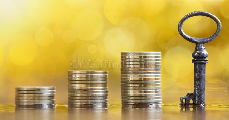 Financial support, security, key and money coins