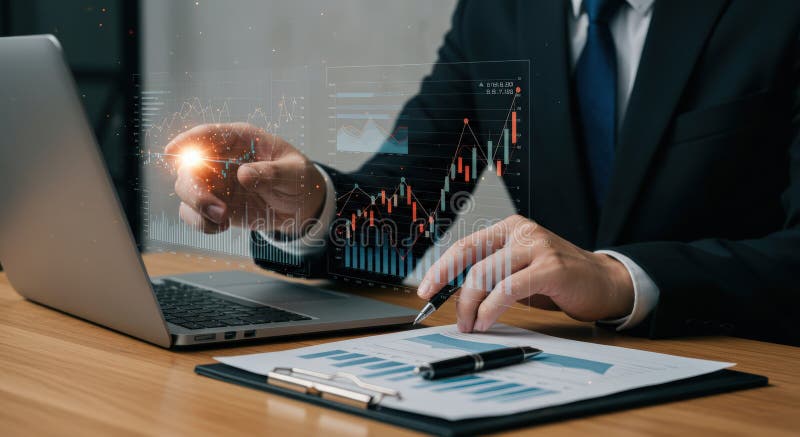 Finansanalytiker förutspår marknadstrender med Holografisk AI-analys stock illustrationer