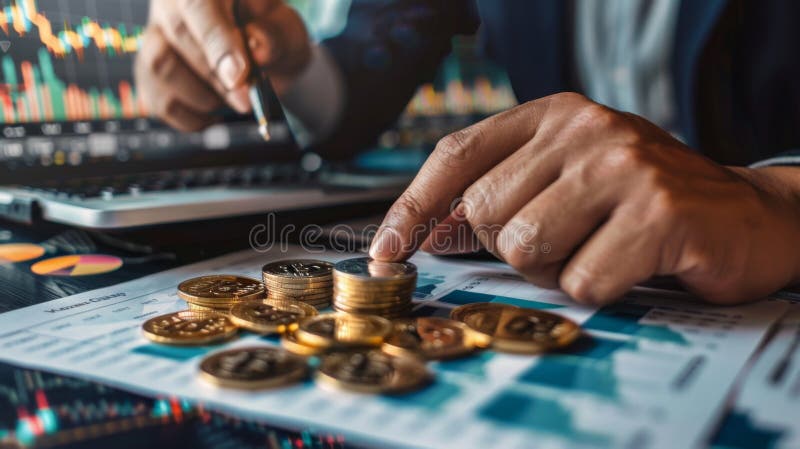 A professional stacks coins on a financial chart, analyzing investment growth and market data with a laptop nearby. AI generated. A professional stacks coins on a financial chart, analyzing investment growth and market data with a laptop nearby. AI generated