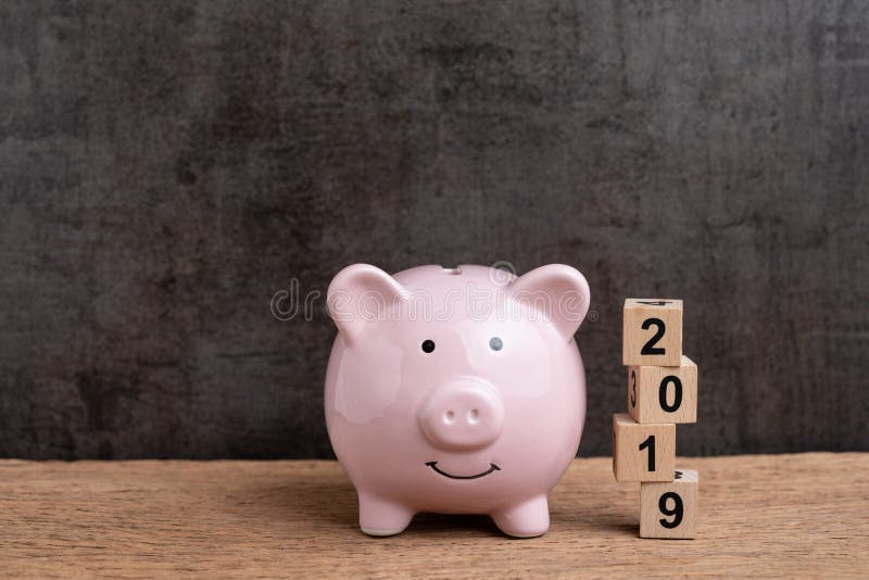 Finansiellt mål för år 2019, budget-, investering- eller affärsmålbegrepp, rosa spargris och bunt av kubträkvarterbyggnad arkivbild Finansiellt mål för år 2019, budget-, investering- eller affärsmålbegrepp, rosa spargris och bunt av kubträkvarterbyggnad arkivbild