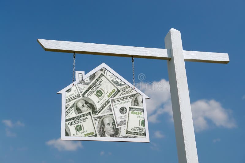 White wooden post with House shaped sign with one hundred dollar pile background over blue sky. White wooden post with House shaped sign with one hundred dollar pile background over blue sky