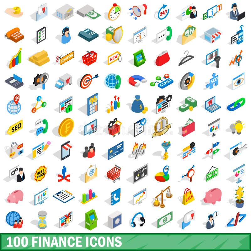 100 finansowych ikon ustawiających, isometric 3d styl ilustracji 100 finansowych ikon ustawiających, isometric 3d styl ilustracji