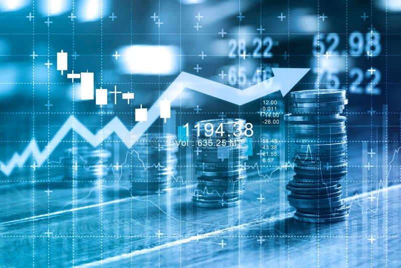 Finance and business concept. Investment graph and rows growth and of coins on table, blue color tone. Finance and business concept. Investment graph and rows growth and of coins on table, blue color tone.