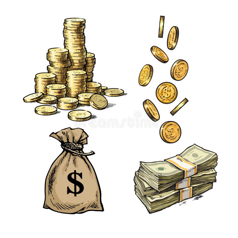 Finanzas, sistema del dinero Bosquejo de la pila de monedas, billetes, saco de monedas de oro de los dólares que caen en diversas libre illustration Finanzas, sistema del dinero Bosquejo de la pila de monedas, billetes, saco de monedas de oro de los dólares que caen en diversas libre illustration