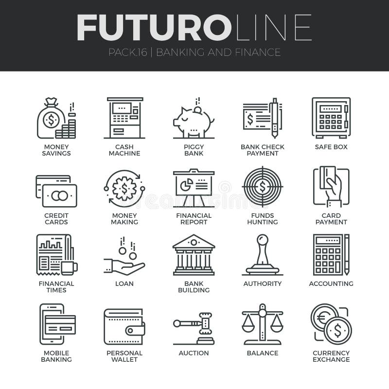 Finanzas y actividad bancaria de la línea iconos de Futuro fijados