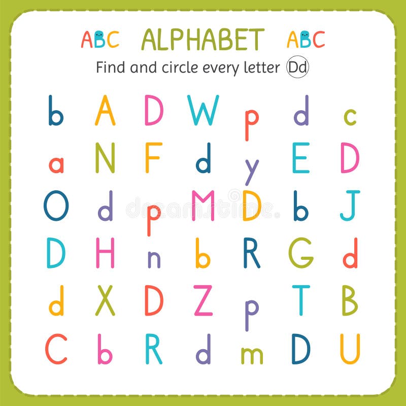 Find and circle every letter D. Worksheet for kindergarten and preschool. Exercises for children royalty free illustration Find and circle every letter D. Worksheet for kindergarten and preschool. Exercises for children royalty free illustration