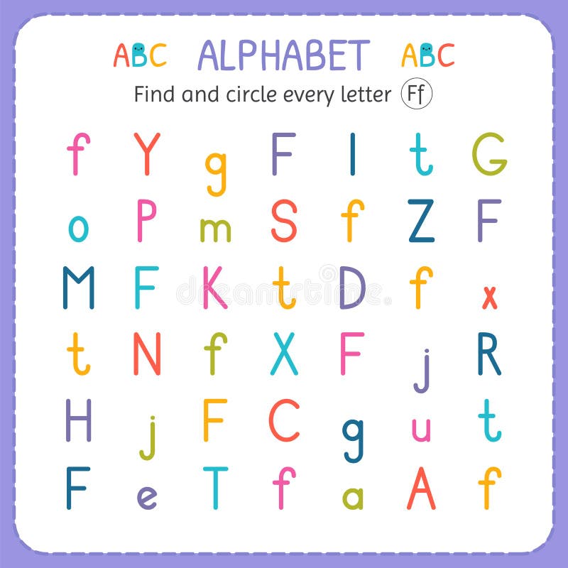 Find and circle every letter F. Worksheet for kindergarten and preschool. Exercises for children stock illustration Find and circle every letter F. Worksheet for kindergarten and preschool. Exercises for children stock illustration