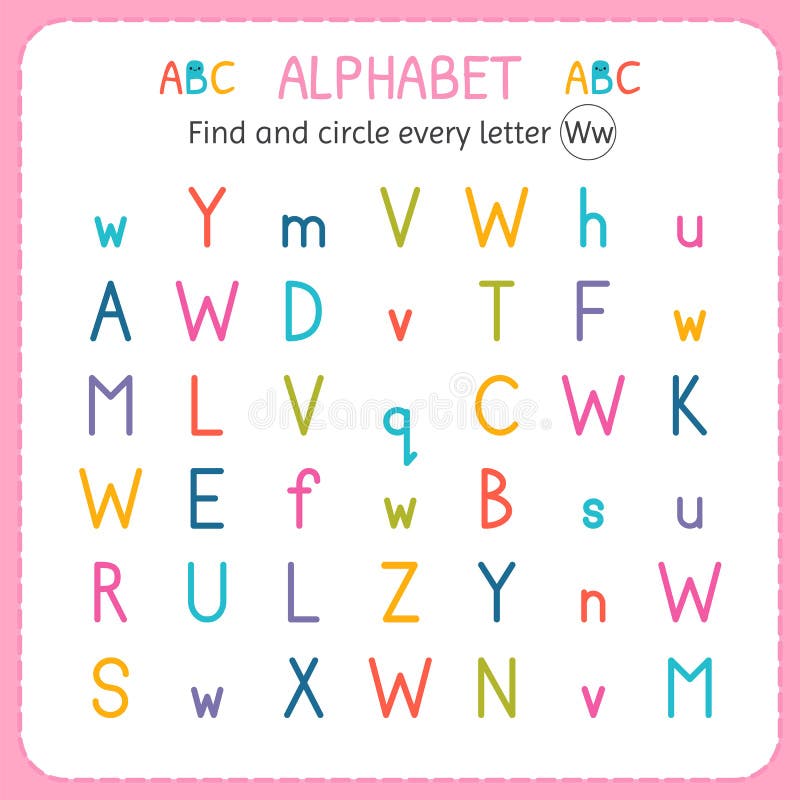 Find and circle every letter W. Worksheet for kindergarten and preschool. Exercises for children royalty free illustration Find and circle every letter W. Worksheet for kindergarten and preschool. Exercises for children royalty free illustration
