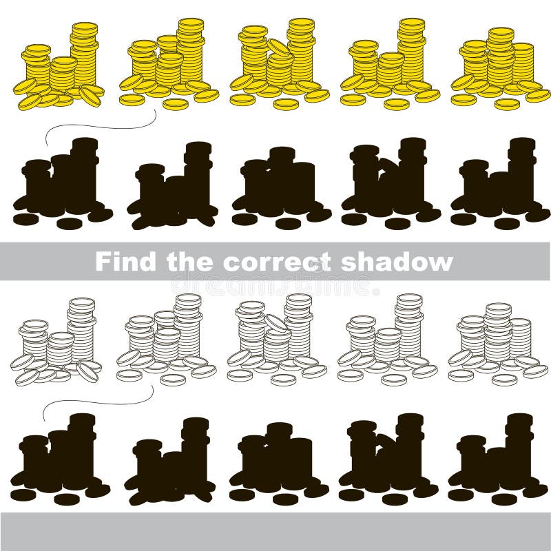 Find correct shadow for each object, the kid game. Gold Coins set to find the correct shadow, the matching educational kid game to compare and connect objects vector illustration Find correct shadow for each object, the kid game. Gold Coins set to find the correct shadow, the matching educational kid game to compare and connect objects vector illustration
