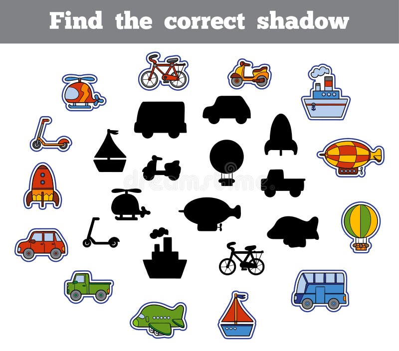 Find the correct shadow, game for children. Set of transport