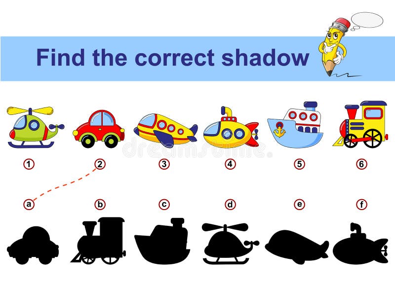 Find correct shadow. Kids educational game. Cartoon transport. Car, submarine, ship, plane, train, helicopter