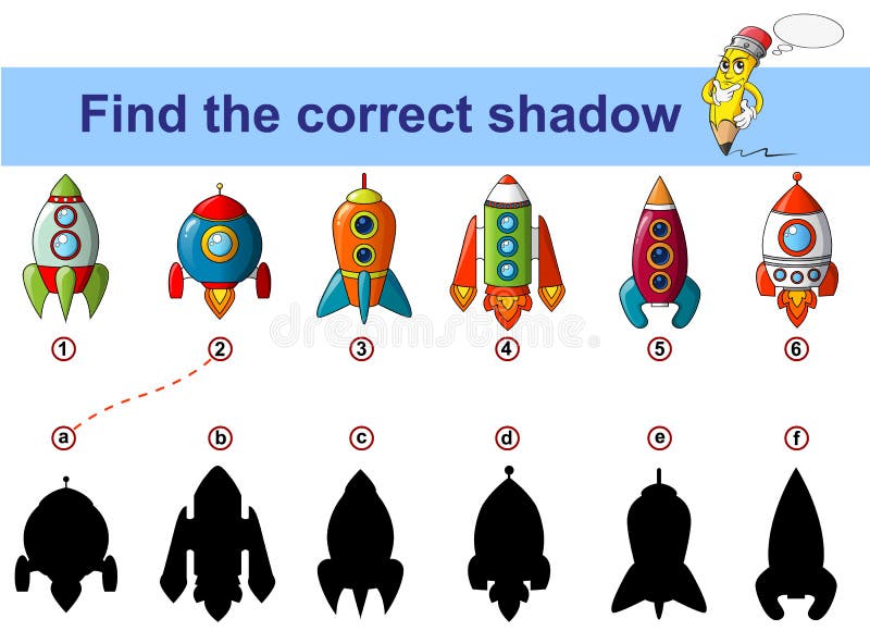 Find correct shadow. Kids educational game. Spaceship. Rocket