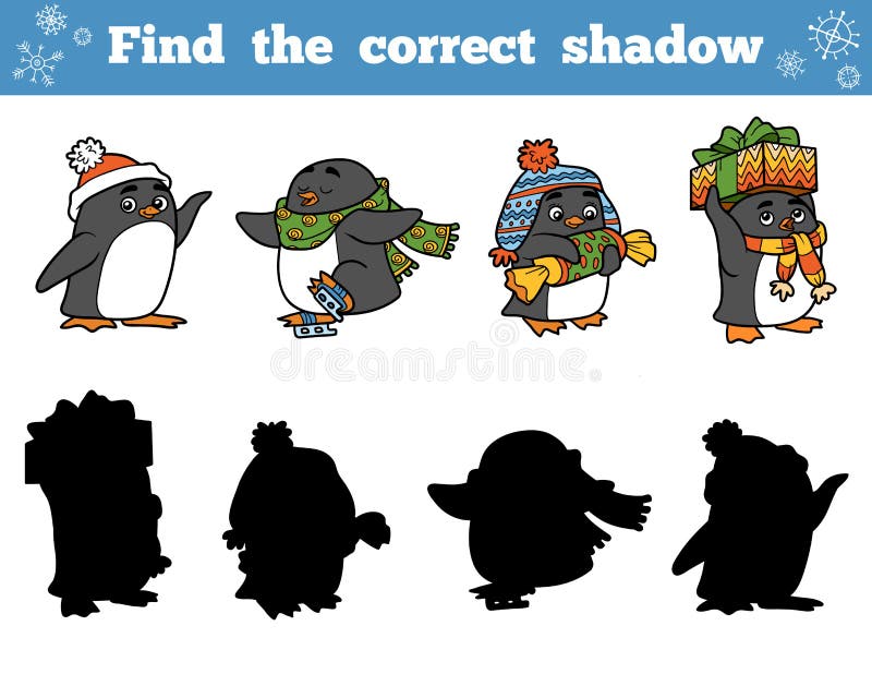 Find the correct shadow, set of penguins with Christmas gifts