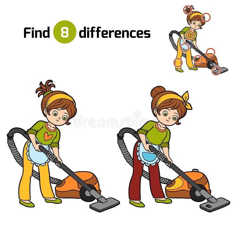 Find differences, education game for children, girl with vacuum cleaner. Find differences, education game for children, girl with vacuum cleaner