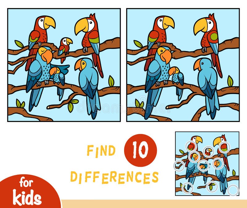 Find differences, education game for children, Parrots vector illustration Find differences, education game for children, Parrots vector illustration