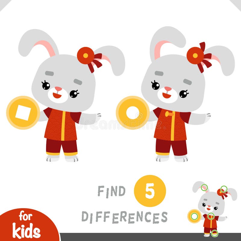 Find differences, educational game, Chinese new year character rabbit and cash vector illustration