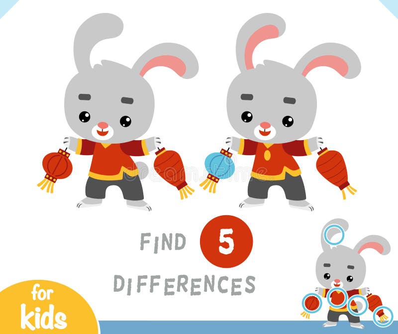 Find differences educational game, Chinese new year character rabbit and lanterns stock illustration