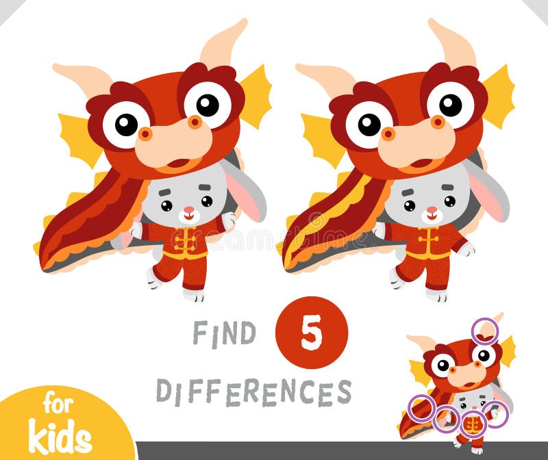 Find differences educational game for kids, Chinese new year character rabbit in dragon costume stock illustration
