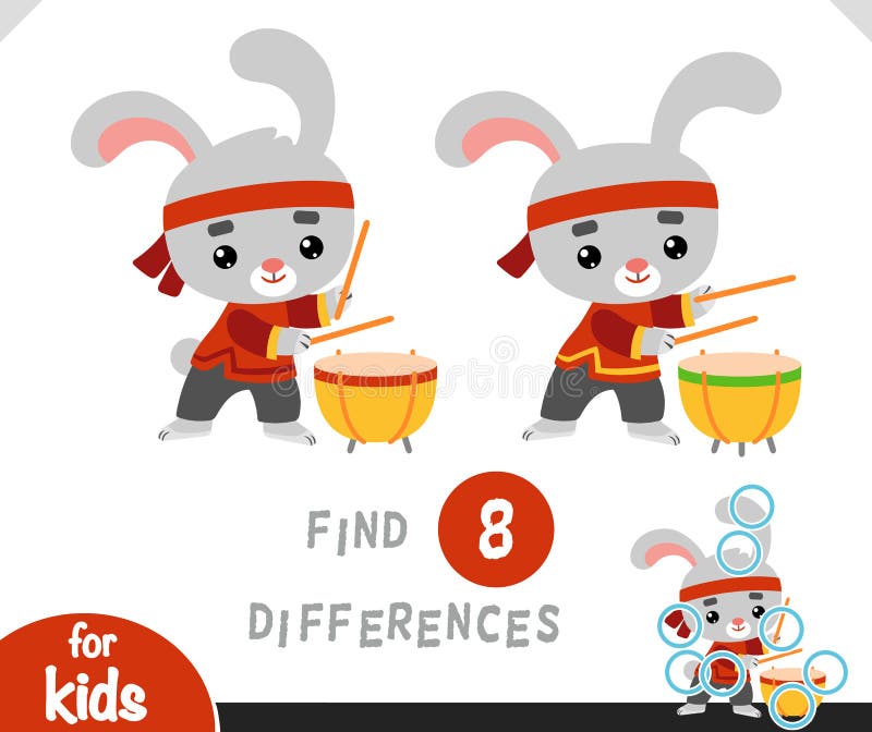 Find differences educational game for kids, Chinese new year character rabbit and drum Tanggu vector illustration