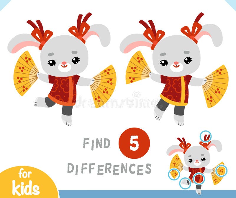 Find differences educational game for kids, Chinese new year character rabbit and fans vector illustration