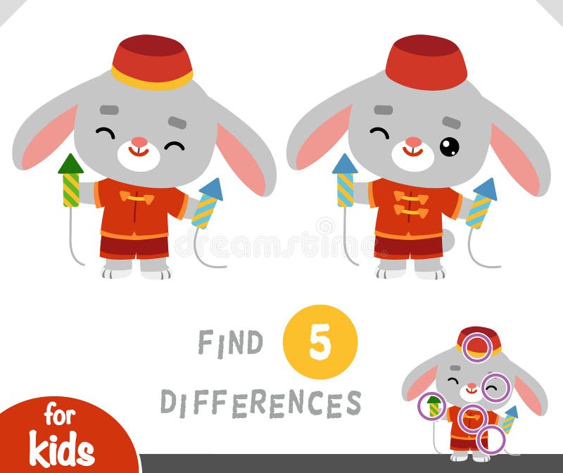 Find differences educational game for kids, Chinese new year character rabbit and fireworks stock illustration