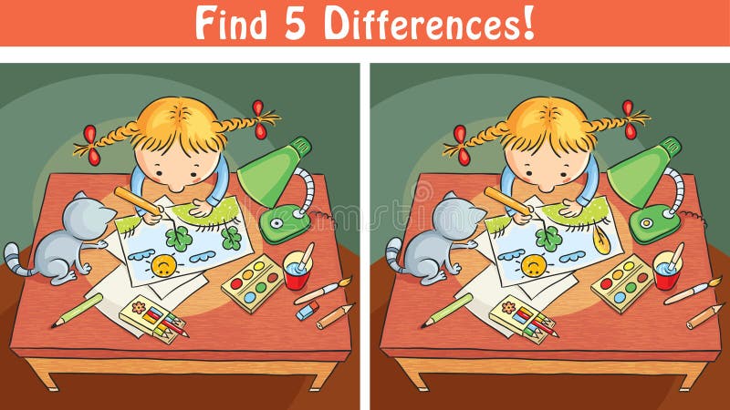 Find differences game with a cartoon girl drawing a picture, colorful