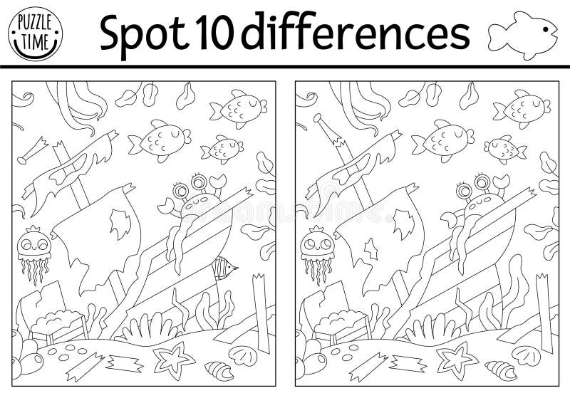 Find differences game for children. Black and white educational activity with wrecked ship, sea landscape. Ocean life line puzzle