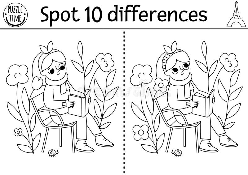 Find differences game for children. Educational black and white activity with cute girl reading a book in garden among flowers.