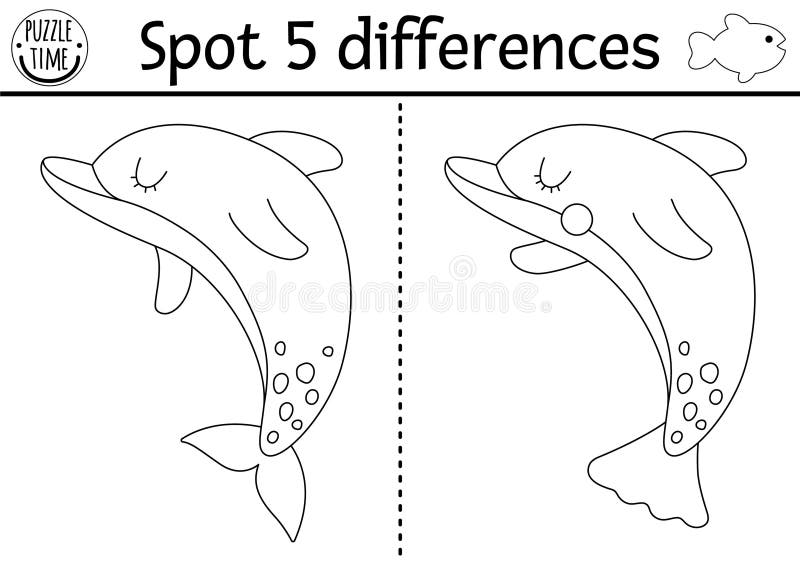 Find differences game for children. Under the sea black and white educational activity with cute dolphin. Ocean life line puzzle