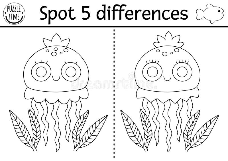 Find differences game for children. Under the sea black and white educational activity with cute jellyfish. Ocean life line puzzle