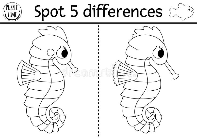 Find differences game for children. Under the sea black and white educational activity with cute seahorse. Ocean life line puzzle