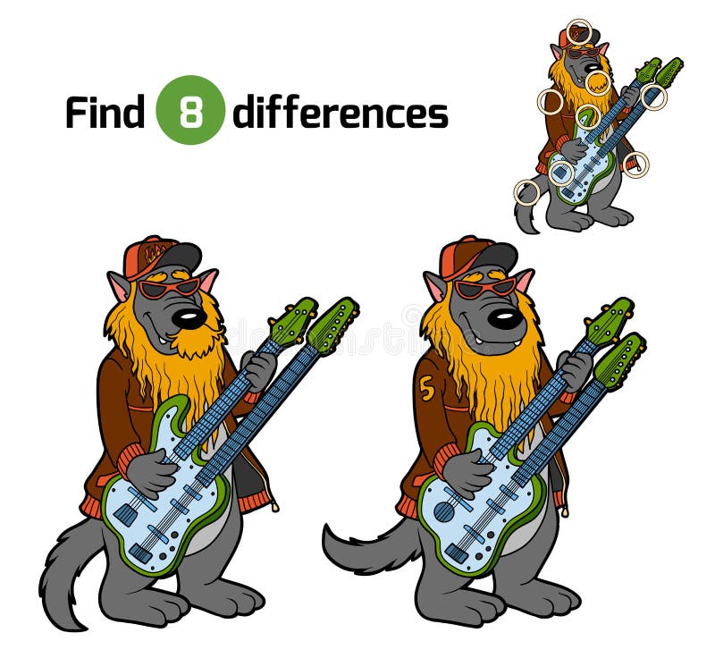 Find differences, game for children (wolf and two-neck guitar)